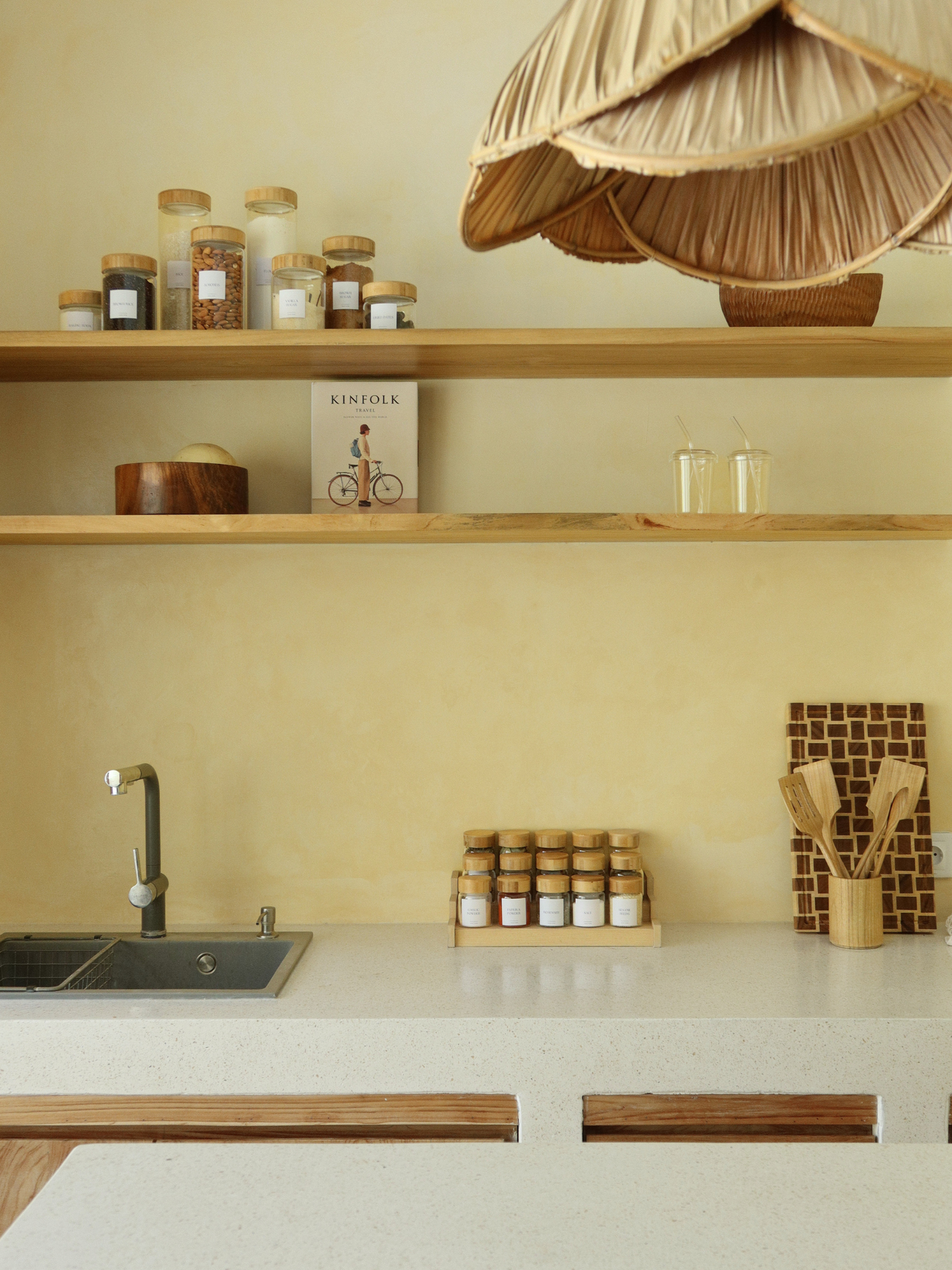 Airtight glass spice jar Yen with screw cap, thick bamboo wooden lid and minimalist spice jar labels for elegant spice storage and modern kitchen organization, made from toxin-free, BPA-free, PFAS-free and microplastic-free materials, designed to keep herbs and spices fresh for longer while creating a calm and organized spice rack aesthetic, featuring a transparent glass jar and natural bamboo lid that perfectly complements minimalist pantry styling and sustainable kitchen decor.