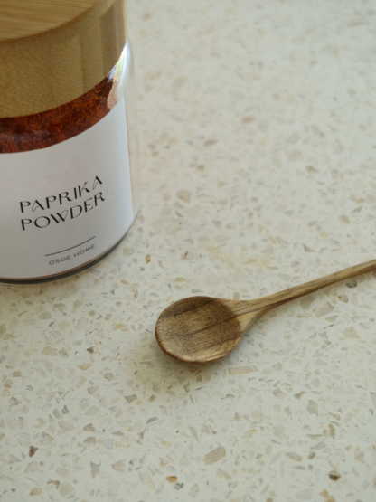 Handcrafted small wooden spice spoons set of 3 for precise seasoning and easy use with Osoe Home spice jars, made from durable natural wood and toxin-free, BPA-free, PFAS-free and microplastic-free materials, designed for scooping herbs, spices, salt or seasoning without mess, featuring a comfortable grip and rustic natural wood finish that perfectly complements modern spice storage, minimalist kitchen organization and sustainable kitchen accessories.