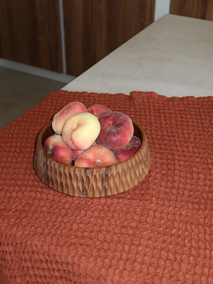Handcrafted Borneo walnut wooden bowl Lian for serving açai bowls, yogurt bowls, salads, snacks, chips, nuts or small sweets, made from high-quality durable Borneo walnut wood with a rich deep finish that highlights the natural wood grain, featuring a unique textured surface and designed as a stylish centerpiece for kitchen or dining table use, also perfect as a serving bowl or serving tray alternative for modern food presentation and elegant home styling with a multifunctional and timeless design.