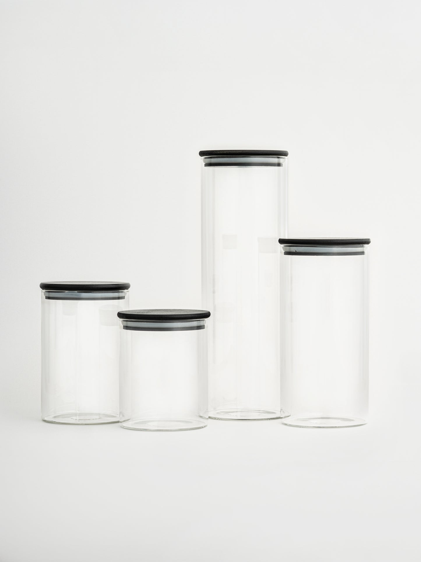 Round glass pantry storage jar with an airtight black bamboo lid, made from durable glass and available in four sizes. Designed for storing rice, pasta, grains, flour, and other dry ingredients in a neat and hygienic way. The black bamboo lid creates a secure airtight seal to help keep pantry staples fresh for longer. A stylish, sustainable, and easy-to-clean food storage solution for an organized kitchen or pantry.