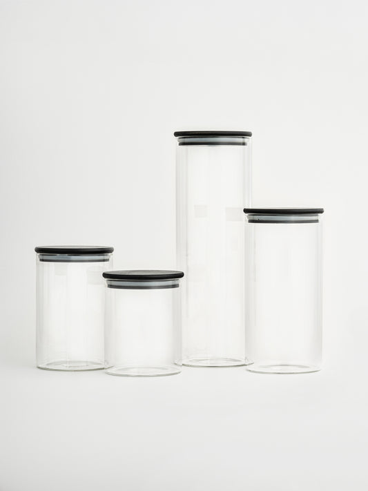 Round glass pantry storage jar with an airtight black bamboo lid, made from durable glass and available in four sizes. Designed for storing rice, pasta, grains, flour, and other dry ingredients in a neat and hygienic way. The black bamboo lid creates a secure airtight seal to help keep pantry staples fresh for longer. A stylish, sustainable, and easy-to-clean food storage solution for an organized kitchen or pantry.