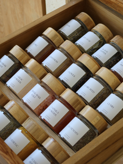 Wooden spice rack for drawer, designed to keep spice jars neatly organised and easy to reach. This natural wood drawer spice organizer works as a spice rack drawer insert, wooden spice tray, or compact kitchen drawer organizer. With individual slots for spice jars, it creates space-saving spice storage while keeping your kitchen tidy and organised. A sustainable wooden spice organizer for kitchen drawers and cabinets.
