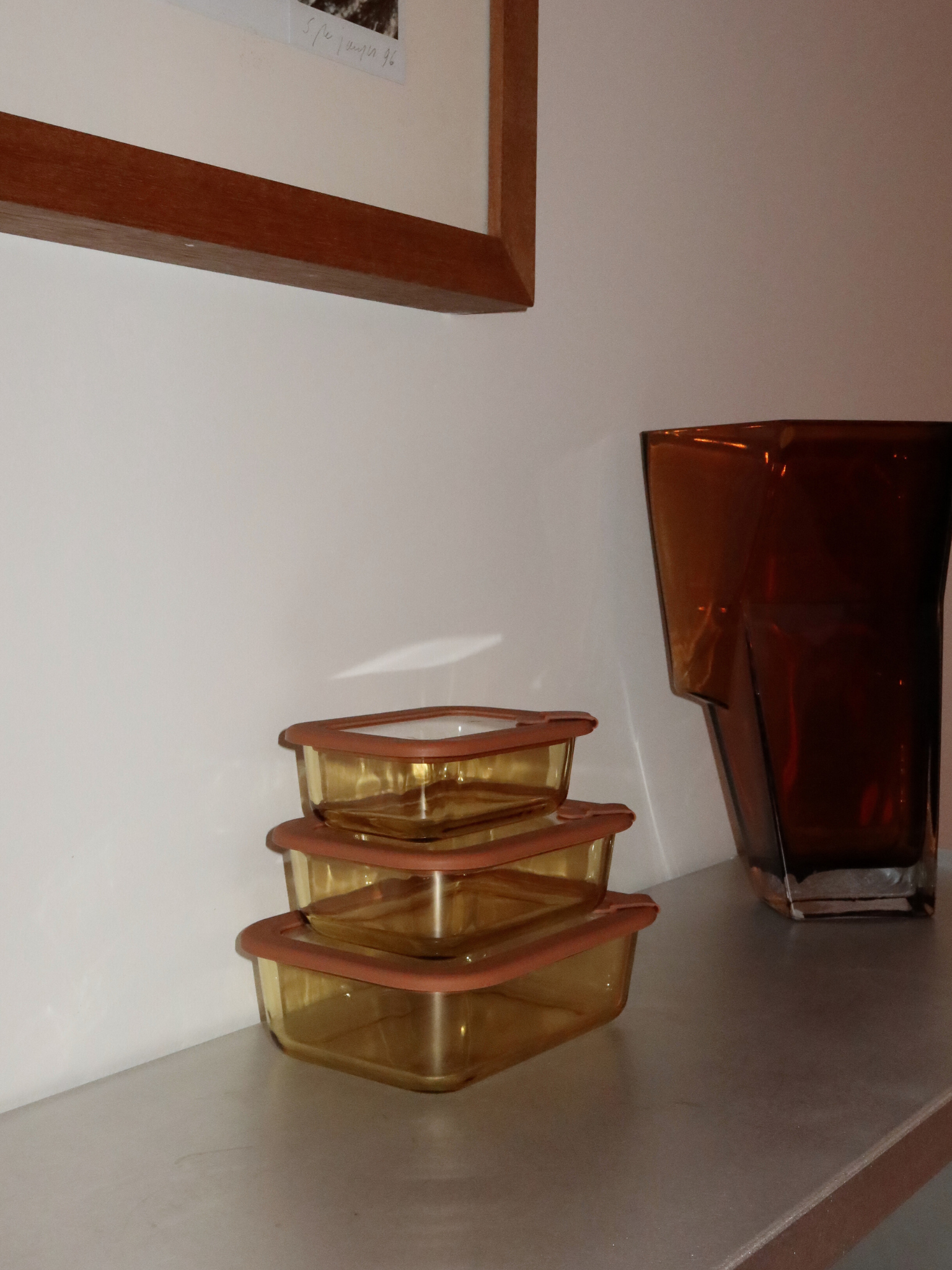 Vetto vereint Wärme und Klarheit in einem zeitlosen Design, hergestellt aus bernsteinfarbenem Glas mit passendem Glasdeckel und feinen Braun-/Rosé-Details. Drei Größen ermöglichen eine intelligente Organisation, von kleinen Portionen für Joghurt oder Snacks bis hin zu größeren für Meal Prep oder Resteverwertung. Der Deckel verfügt über ein kleines Silikonventil für einfaches Druckablassen. Ungiftig, BPA-frei, geruchs- und fleckenresistent, auslaufsicher, langlebig und wiederverwendbar — praktisch und elegan